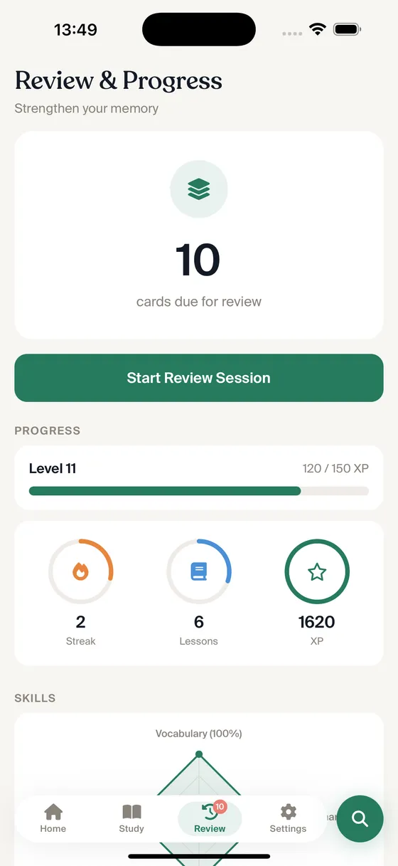 Review and progress screen with spaced repetition cards